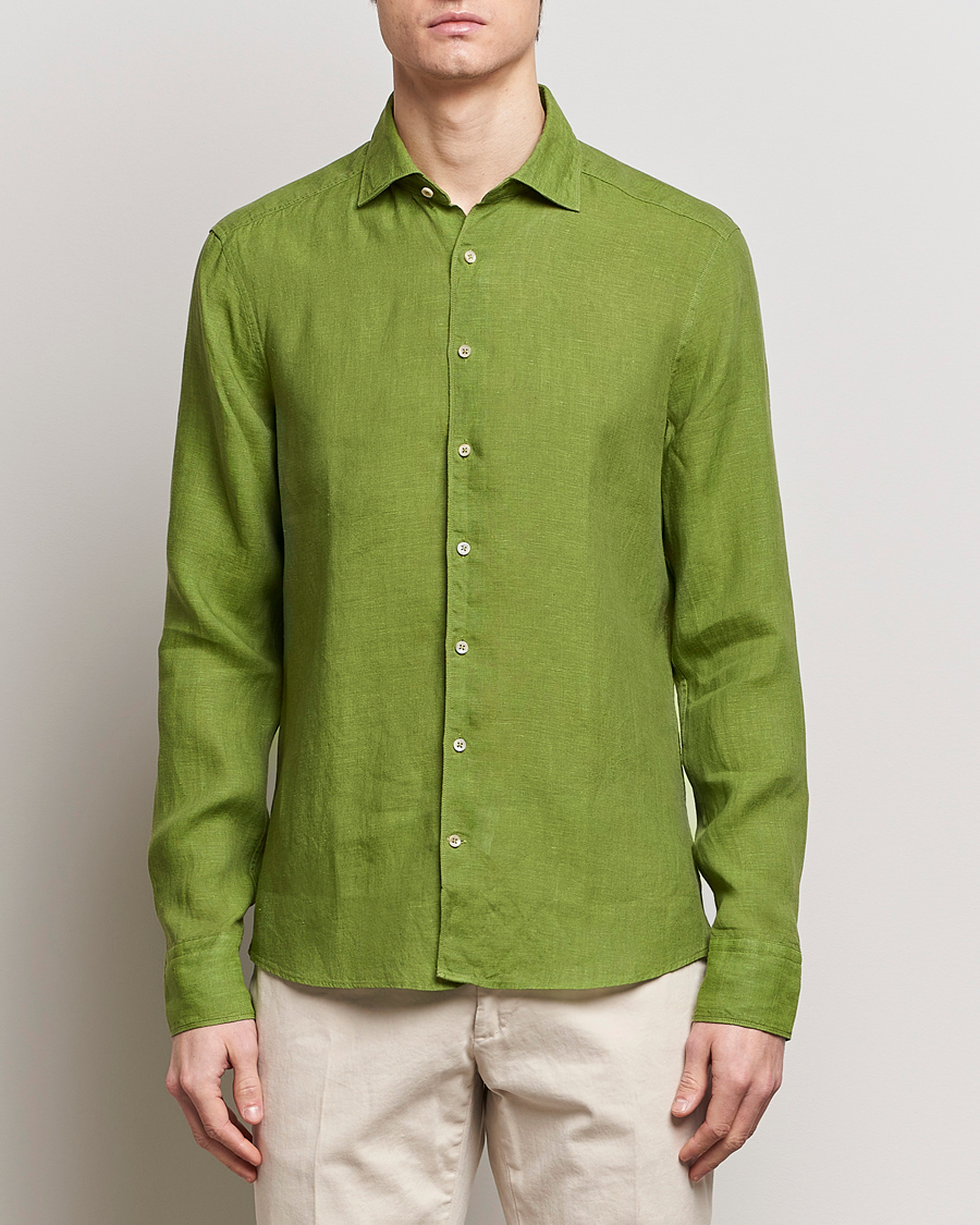 Men | Business Casual | Stenströms | Slimline Cut Away Linen Shirt Green