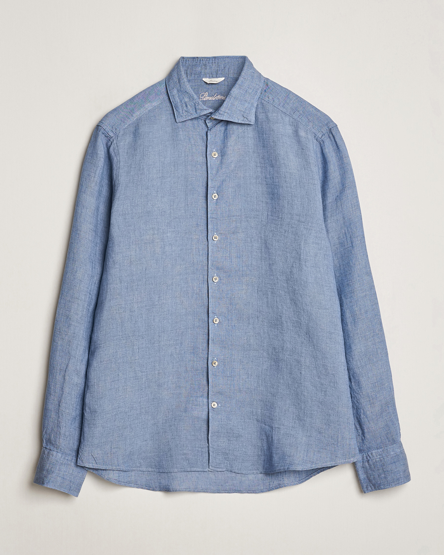 Heren | Overhemden | Stenströms | Slimline Cut Away Linen Shirt Steel Blue