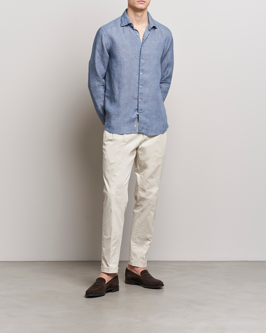 Heren | Overhemden | Stenströms | Slimline Cut Away Linen Shirt Steel Blue