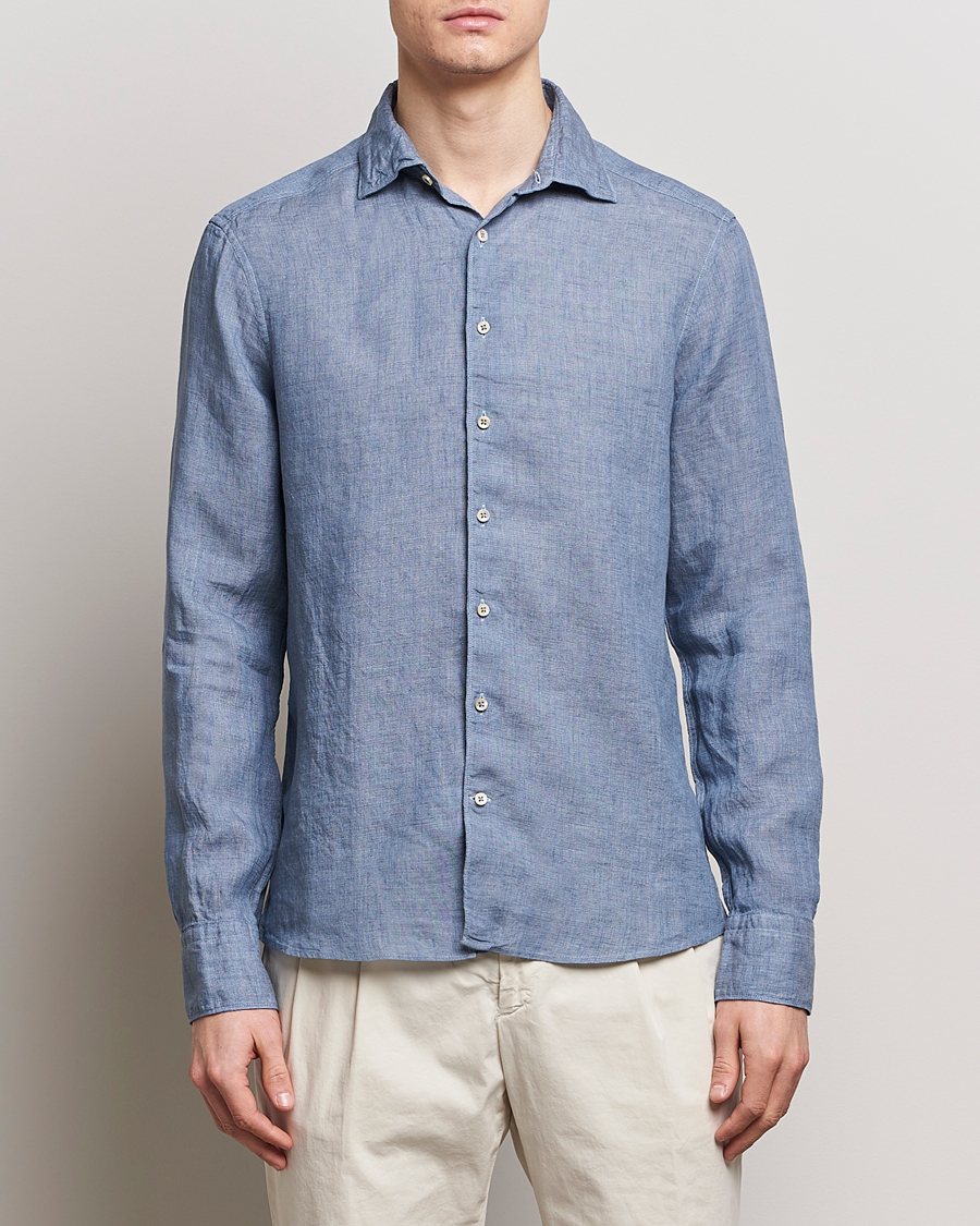 Heren | Overhemden | Stenströms | Slimline Cut Away Linen Shirt Steel Blue