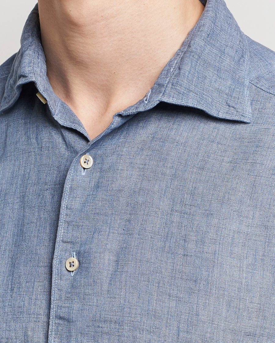 Heren | Overhemden | Stenströms | Slimline Cut Away Linen Shirt Steel Blue