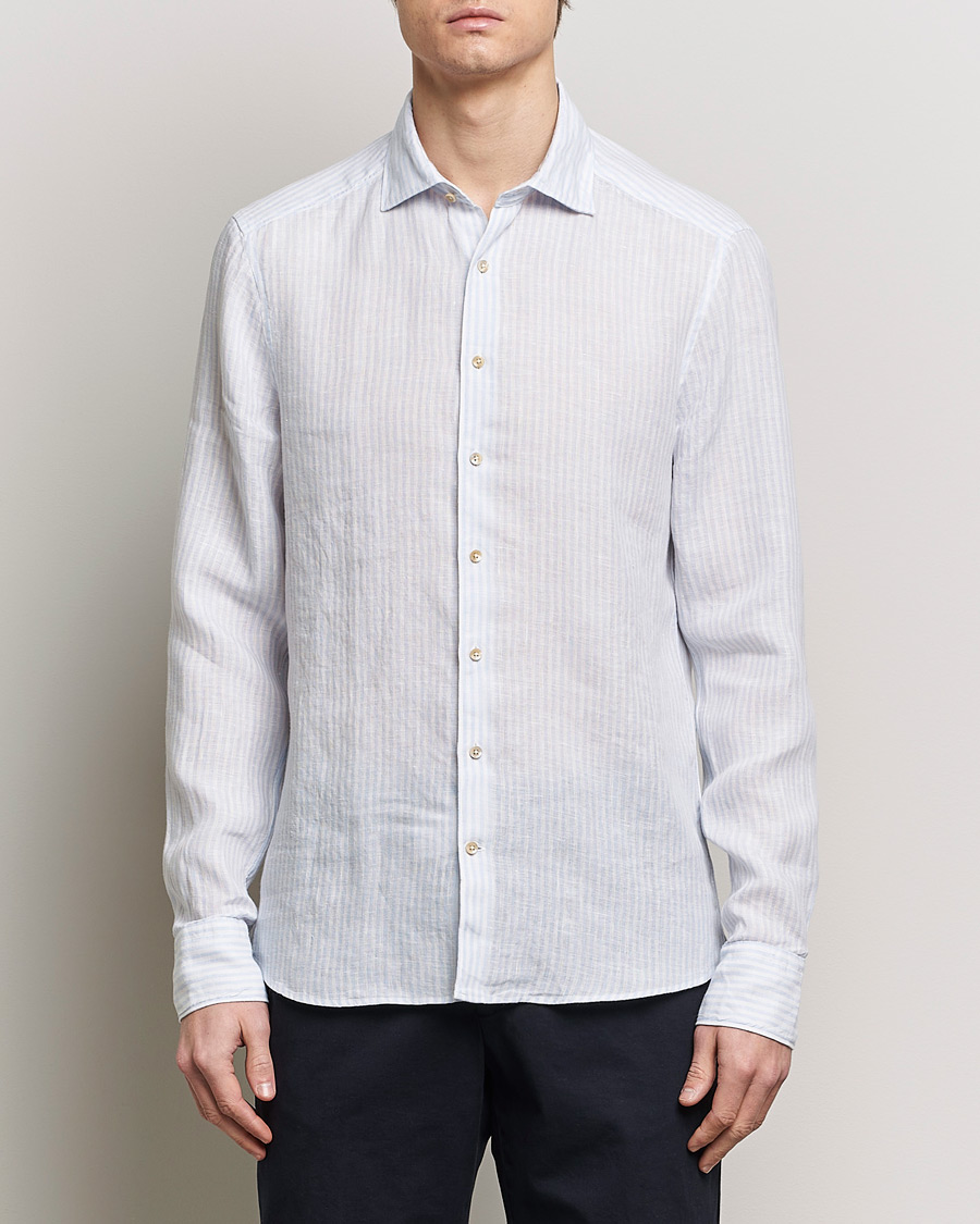 Heren | Casual | Stenströms | Slimline Cut Away Striped Linen Shirt Light Blue