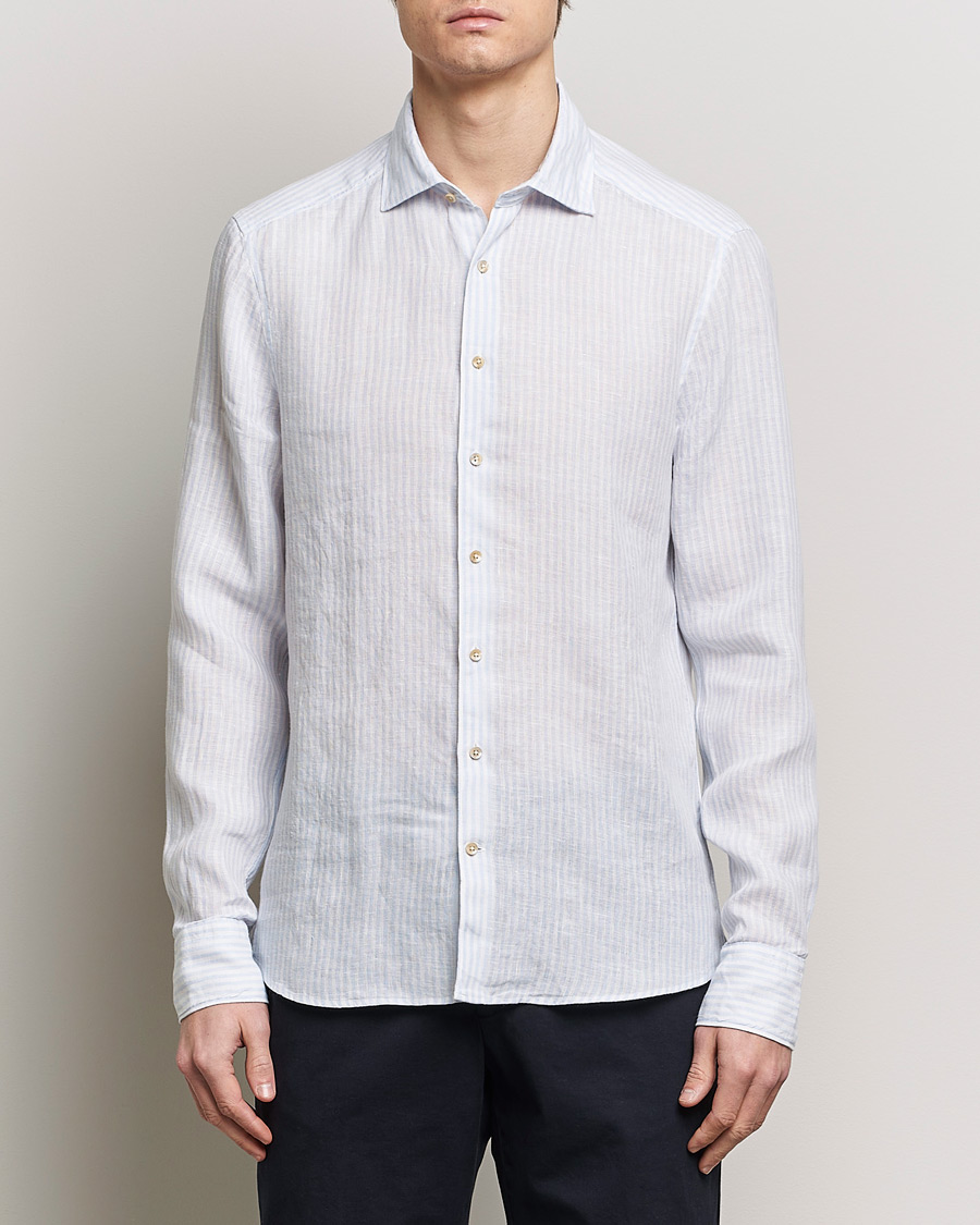 Herre |  | Stenströms | Slimline Cut Away Striped Linen Shirt Light Blue