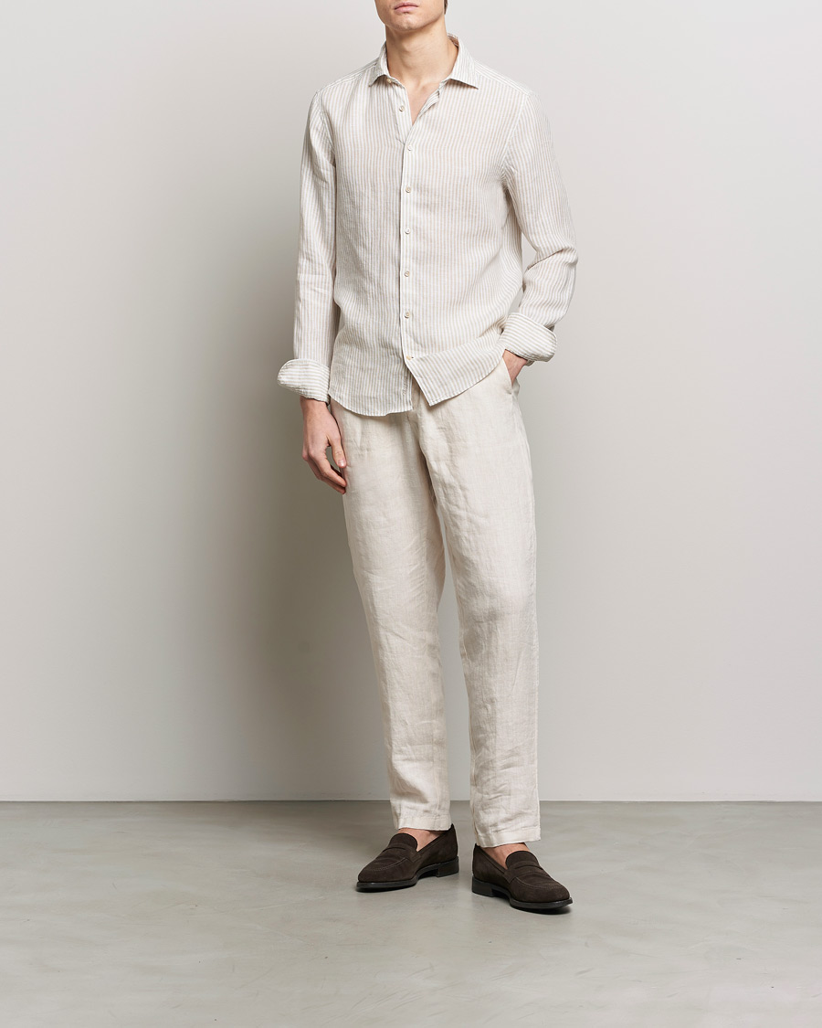 Heren | Overhemden | Stenströms | Slimline Cut Away Striped Linen Shirt Beige