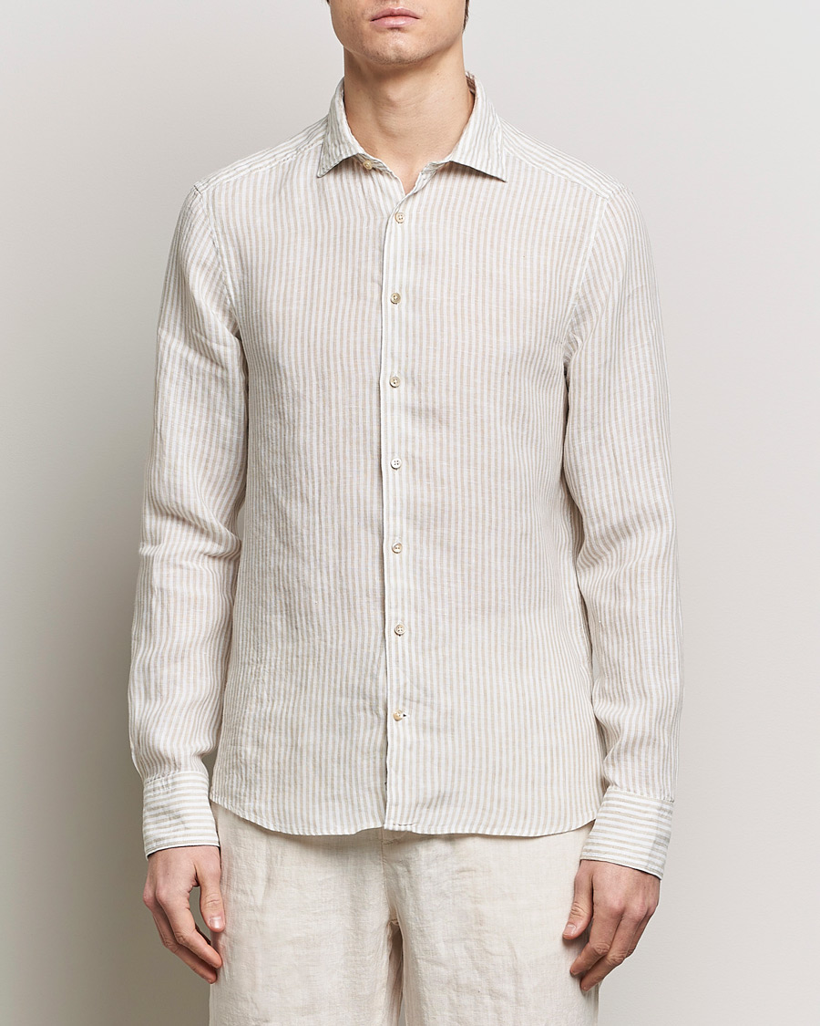 Heren | Casual | Stenströms | Slimline Cut Away Striped Linen Shirt Beige