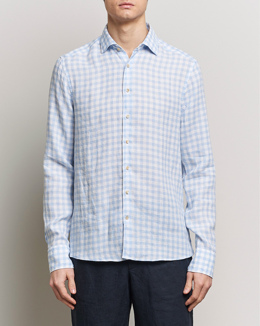 Heren | Linnen overhemden | Stenströms | Slimline Cut Away Checked Linen Shirt Light Blue