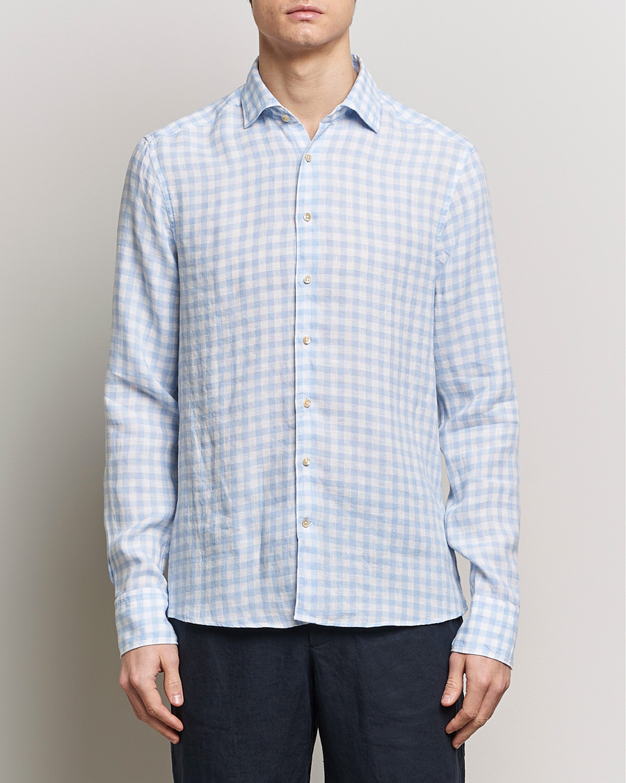 Heren | Casual | Stenströms | Slimline Cut Away Checked Linen Shirt Light Blue