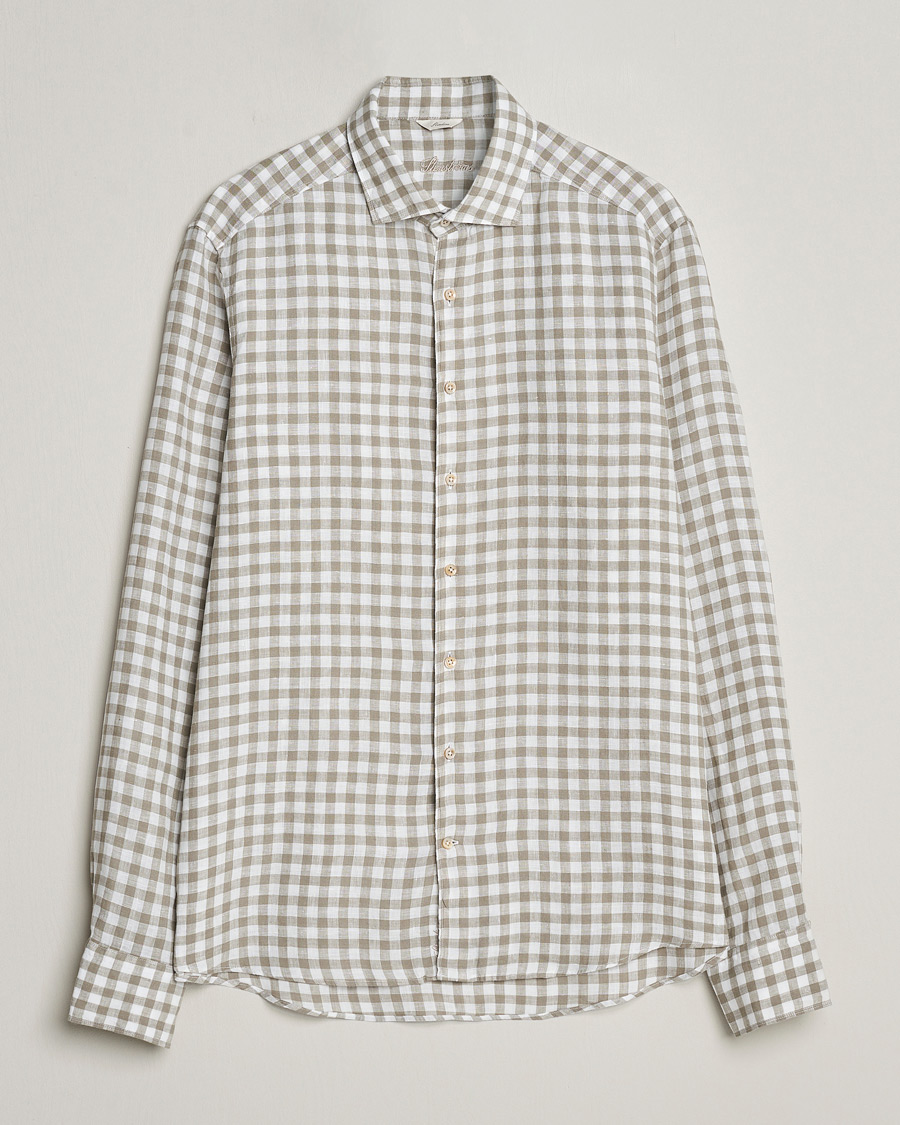 Heren | Overhemden | Stenströms | Slimline Cut Away Checked Linen Shirt Light Grey
