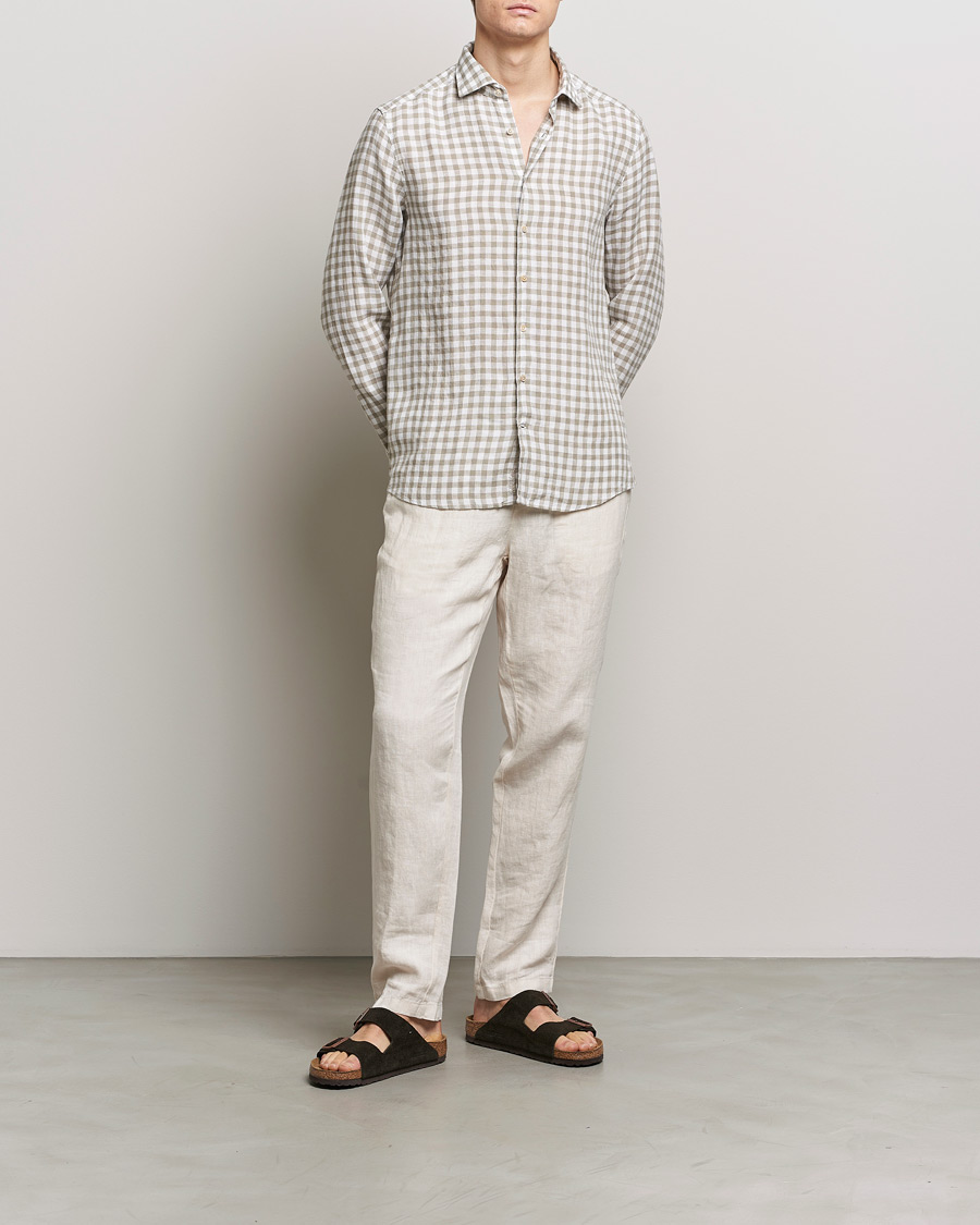 Heren | Overhemden | Stenströms | Slimline Cut Away Checked Linen Shirt Light Grey