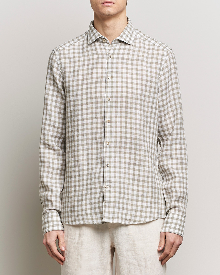 Heren | Linnen overhemden | Stenströms | Slimline Cut Away Checked Linen Shirt Light Grey