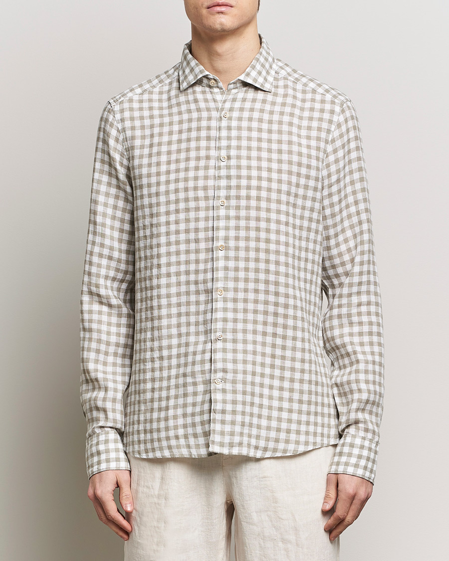 Heren |  | Stenströms | Slimline Cut Away Checked Linen Shirt Light Grey