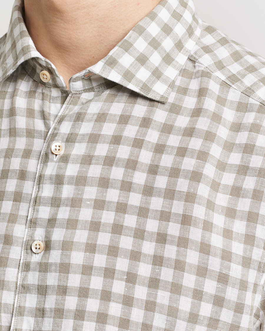 Heren | Overhemden | Stenströms | Slimline Cut Away Checked Linen Shirt Light Grey