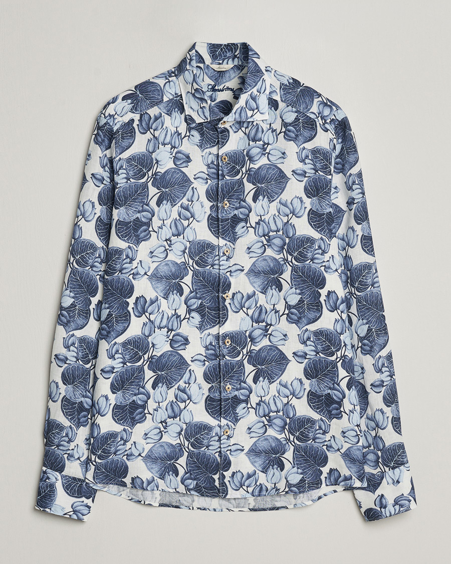 Heren | Overhemden | Stenströms | Slimline Cut Away Printed Flower Linen Shirt Blue