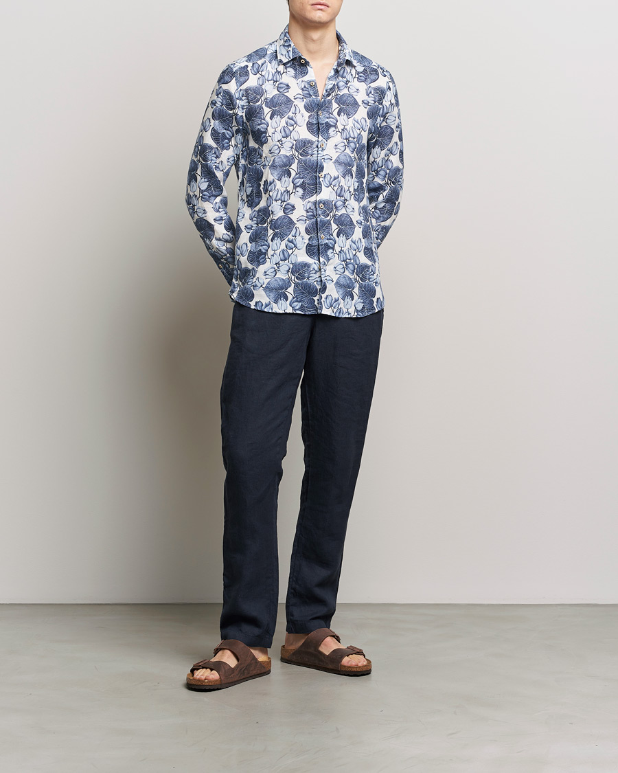 Heren | Overhemden | Stenströms | Slimline Cut Away Printed Flower Linen Shirt Blue