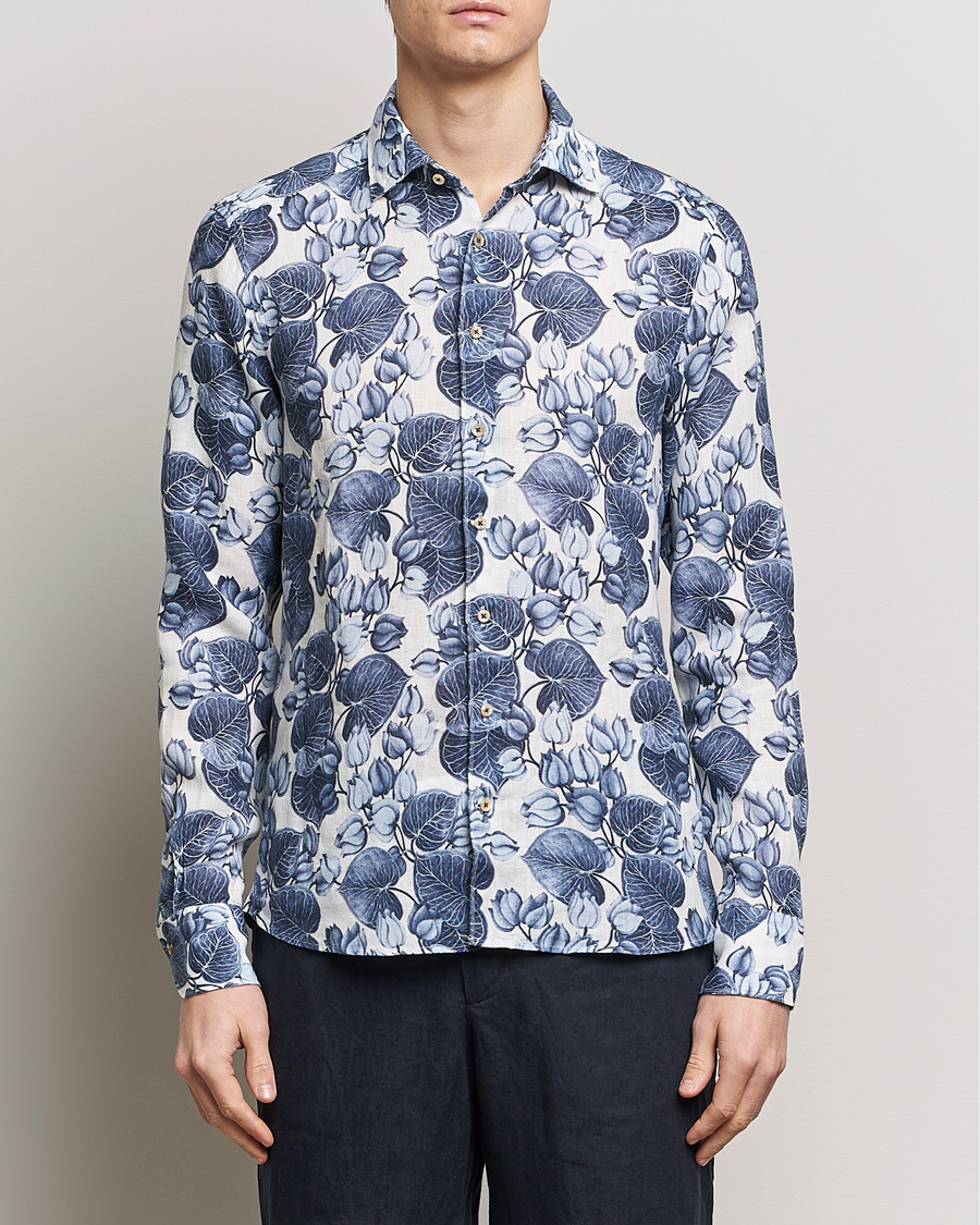 Heren | Linnen overhemden | Stenströms | Slimline Cut Away Printed Flower Linen Shirt Blue