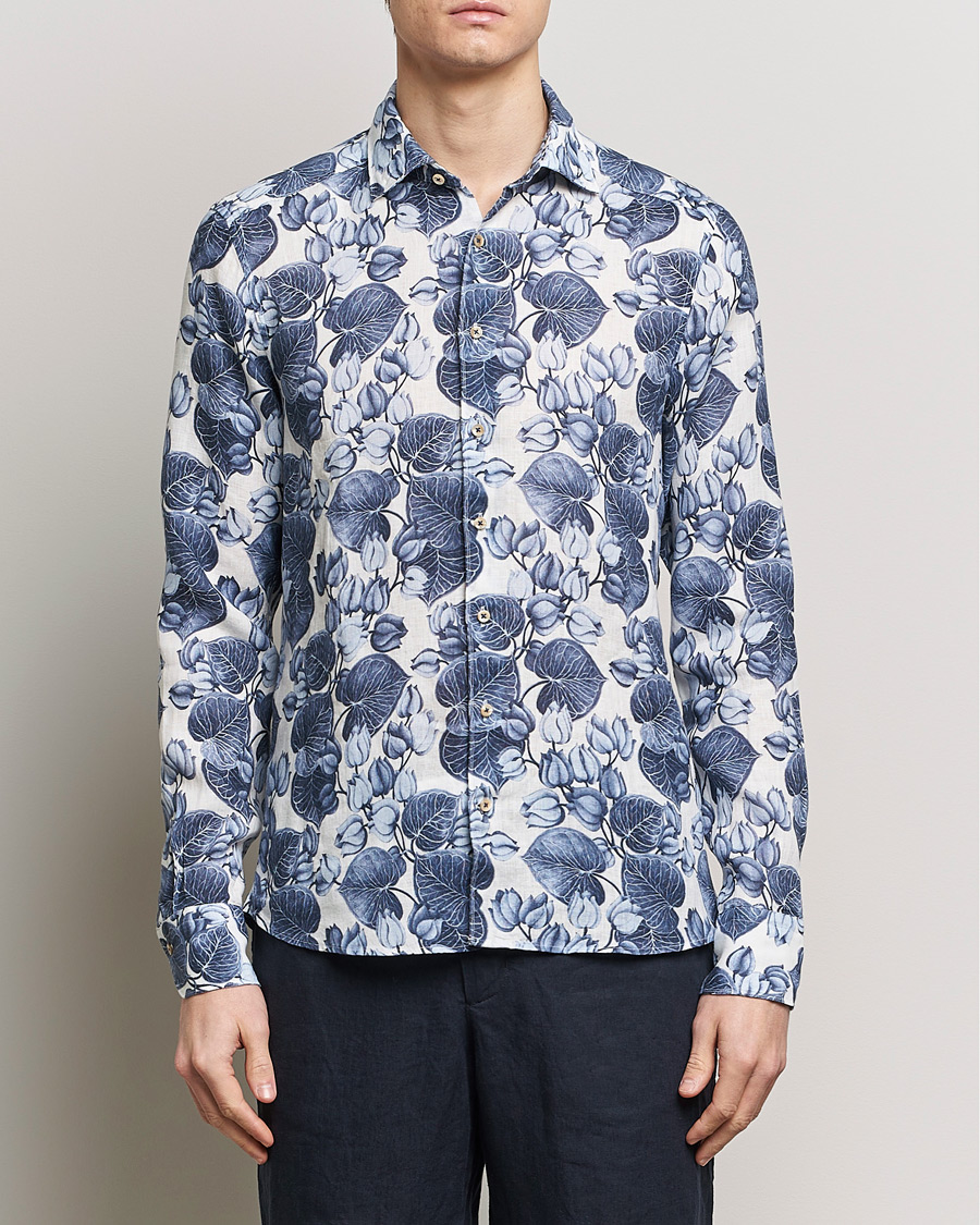 Heren | Casual | Stenströms | Slimline Cut Away Printed Flower Linen Shirt Blue