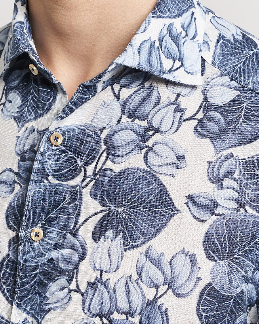 Heren | Overhemden | Stenströms | Slimline Cut Away Printed Flower Linen Shirt Blue