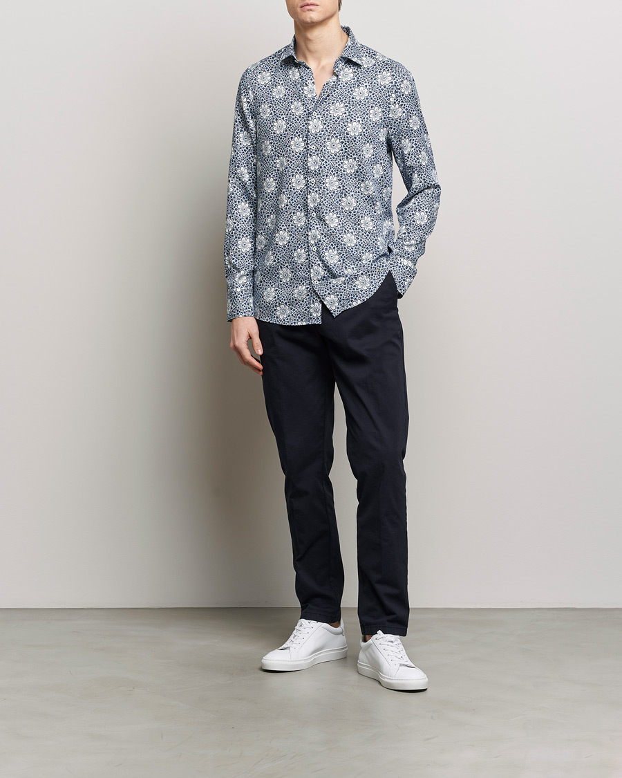 Heren | Overhemden | Stenströms | Slimline Cut Away Printed Viscose Shirt Blue