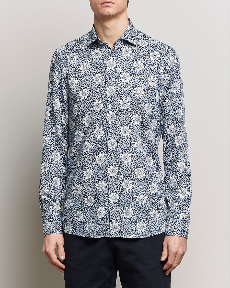 Heren | Casual overhemden | Stenströms | Slimline Cut Away Printed Viscose Shirt Blue