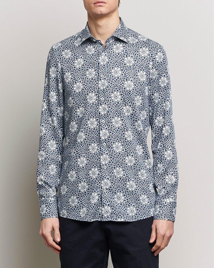 Heren |  | Stenströms | Slimline Cut Away Printed Viscose Shirt Blue