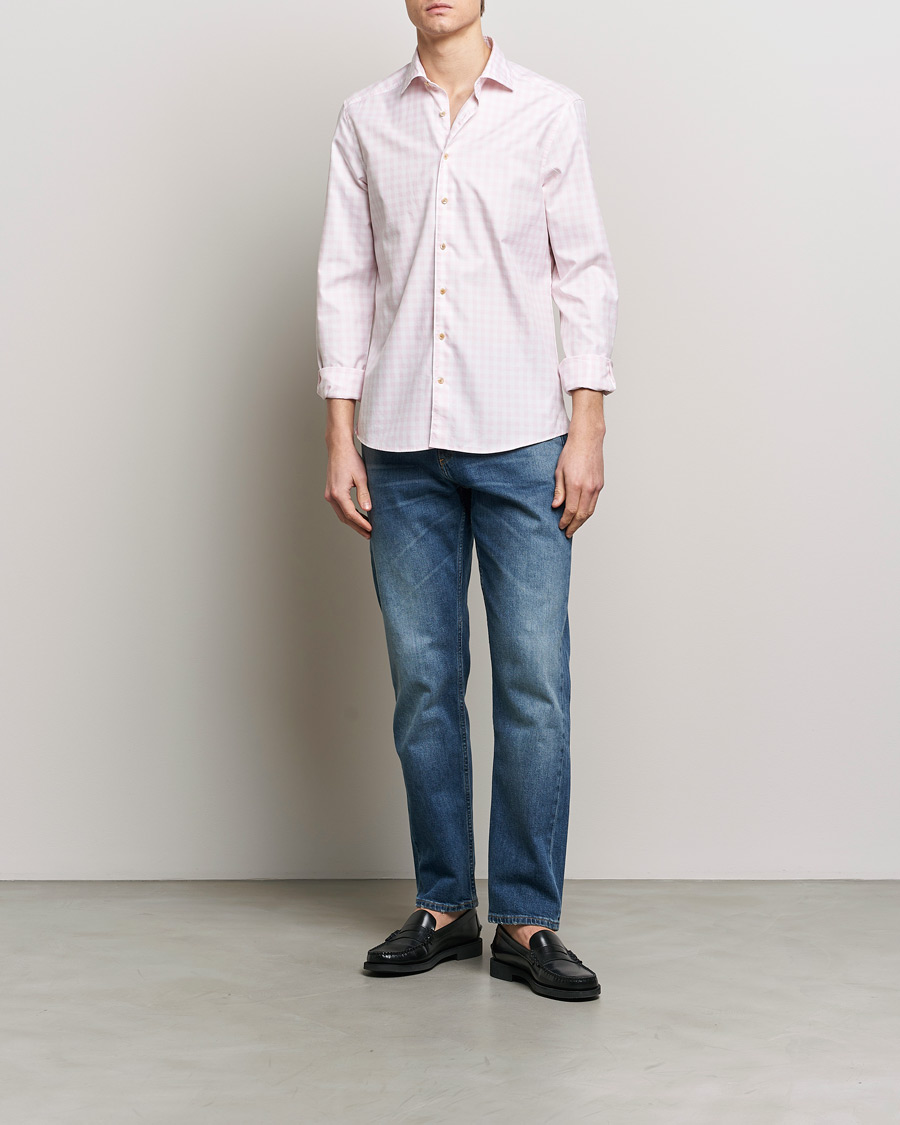 Heren | Overhemden | Stenströms | Slimline Checked Washed Cotton Shirt Pink