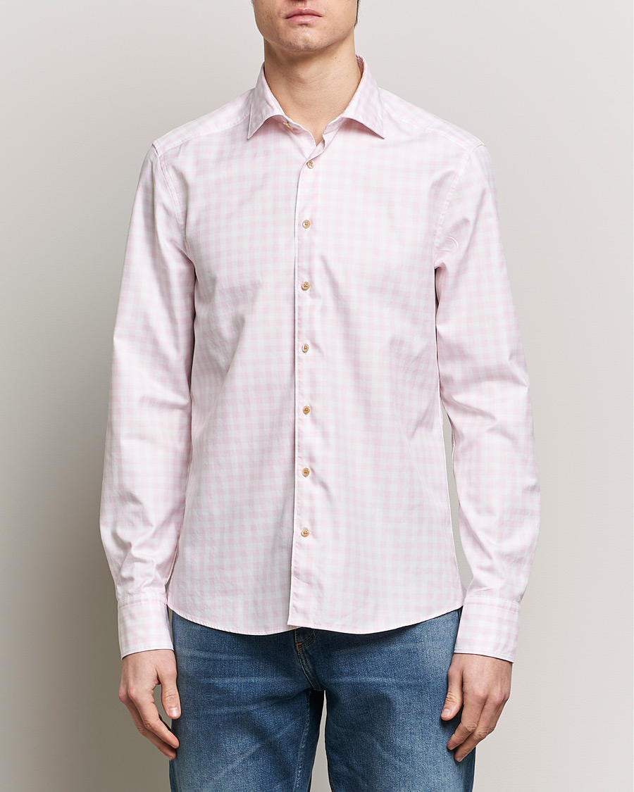 Heren | Casual | Stenströms | Slimline Checked Washed Cotton Shirt Pink