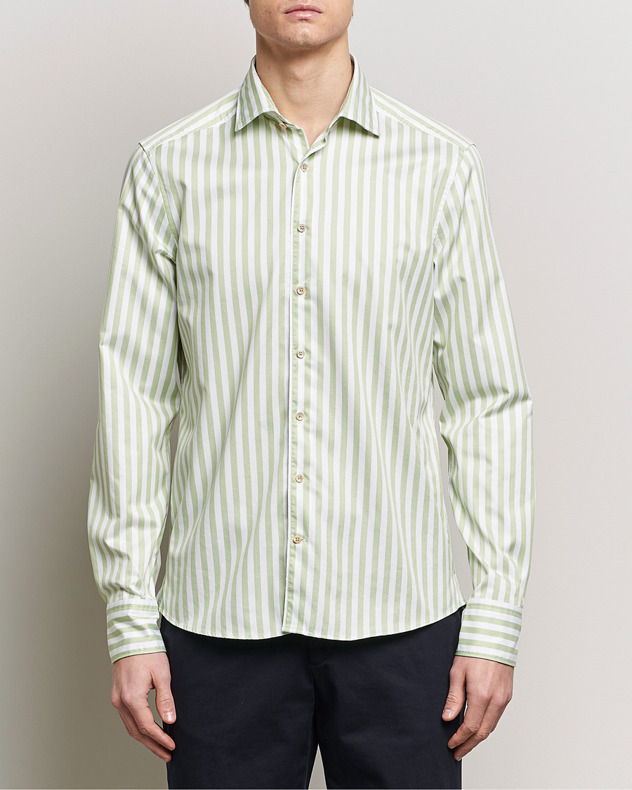 Heren | Casual overhemden | Stenströms | Slimline Large Stripe Washed Cotton Shirt Green