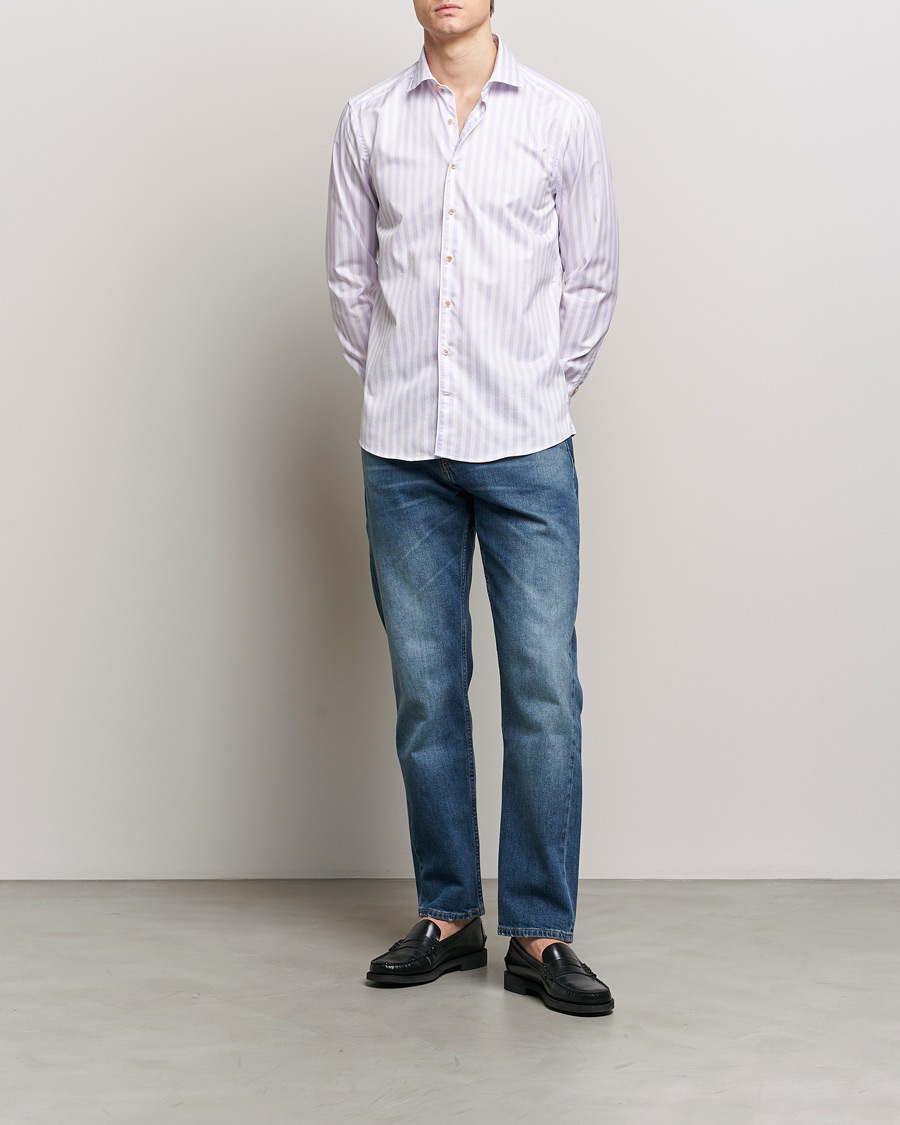 Heren | Overhemden | Stenströms | Slimline Large Stripe Washed Cotton Shirt Purple