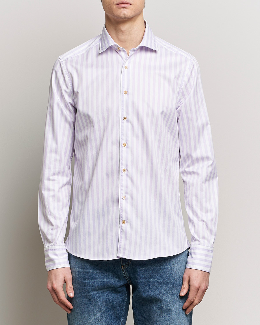 Heren | Casual | Stenströms | Slimline Large Stripe Washed Cotton Shirt Purple