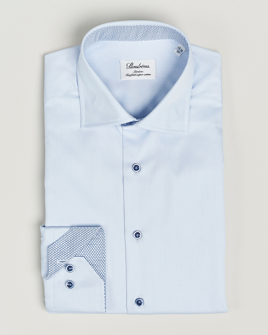 Heren | Overhemden | Stenströms | Slimline Cut Away Print Contrast Shirt Light Blue