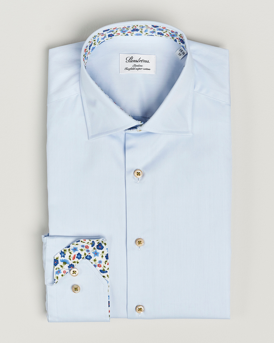 Heren | Overhemden | Stenströms | Slimline Cut Away Flower Contrast Shirt Light Blue