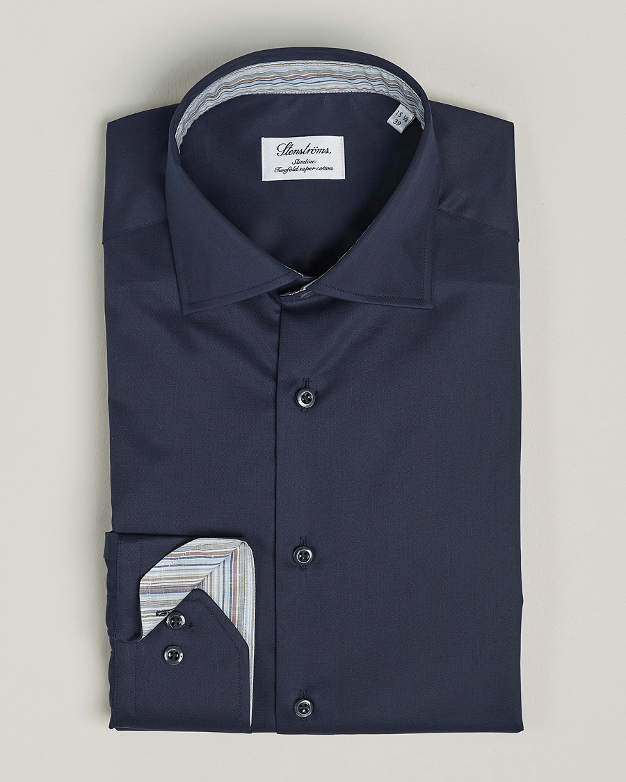 Heren | Overhemden | Stenströms | Slimline Multi Stripe Contrast Cut Away Shirt Navy