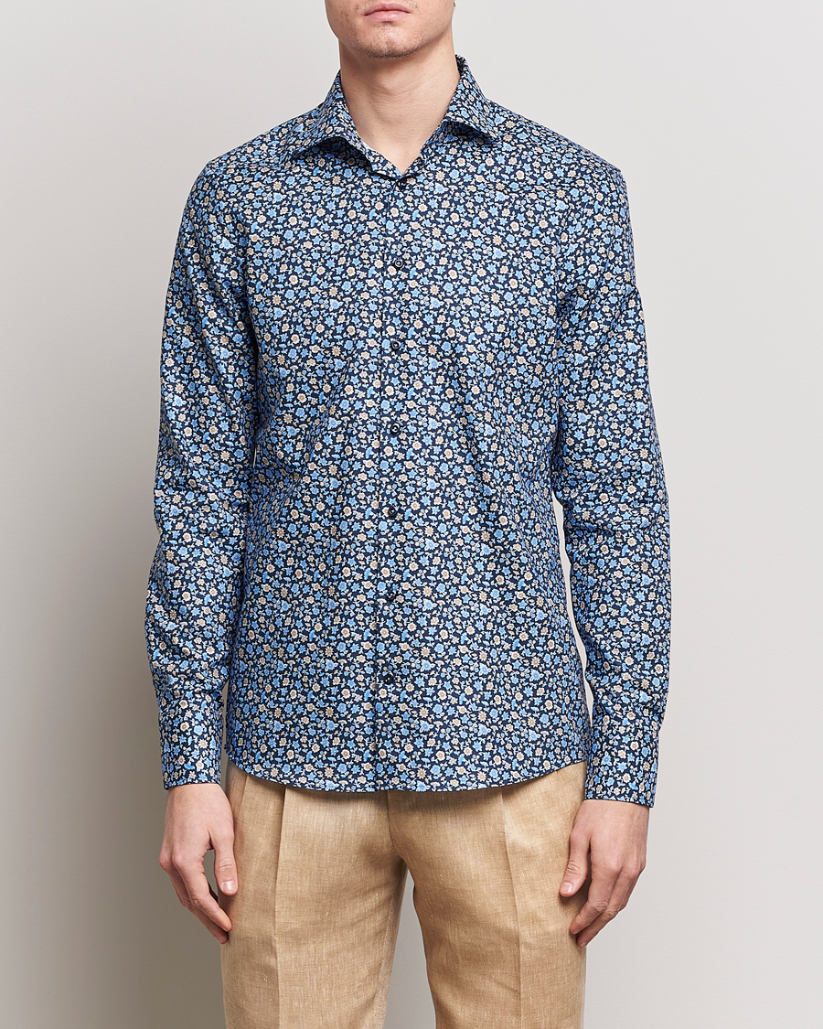Heren | Overhemden | Stenströms | Slimline Cut Away Printed Flower Shirt Navy