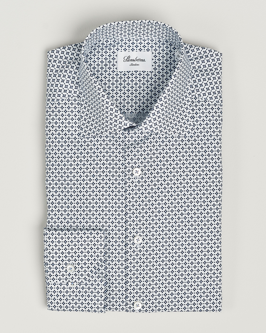 Heren | Overhemden | Stenströms | Slimline Cut Away All Over Print Shirt White