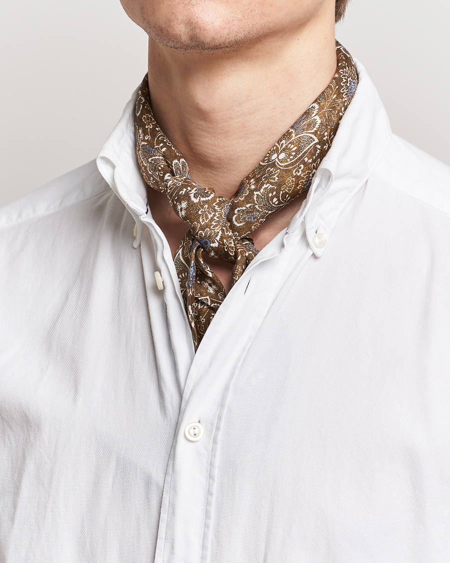 Men | Dress Scarves | Stenströms | Flower Printed Linen Bandana Brown