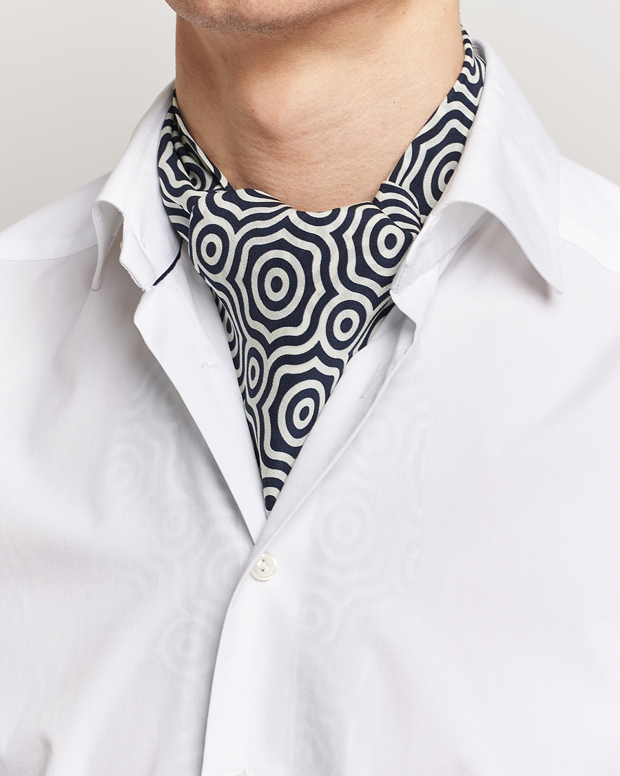 Men | Dress Scarves | Stenströms | Silk Printed Ascot White/Navy