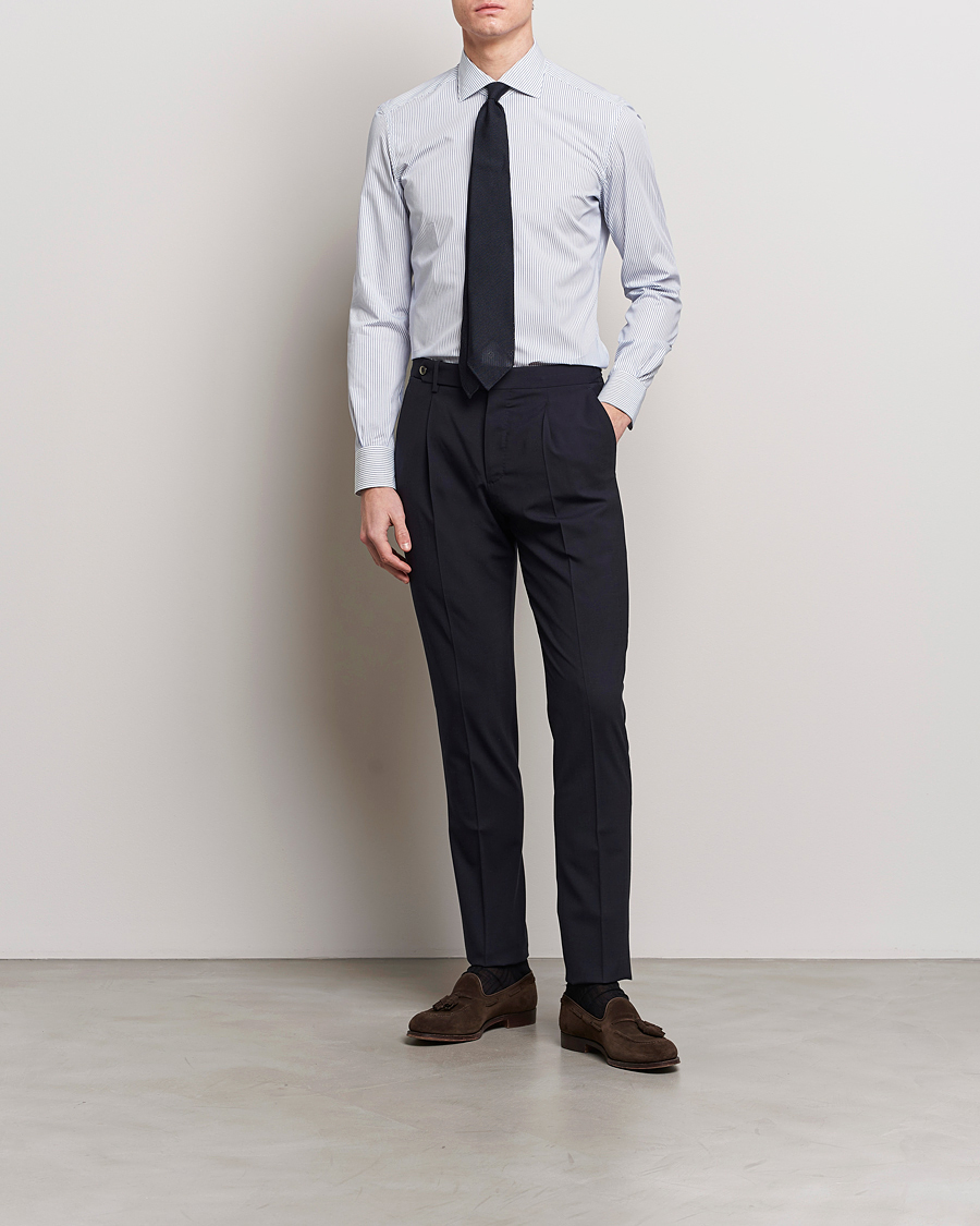 Heren | Overhemden | Mazzarelli | Soft Cotton Cut Away Shirt Blue Pinstripe