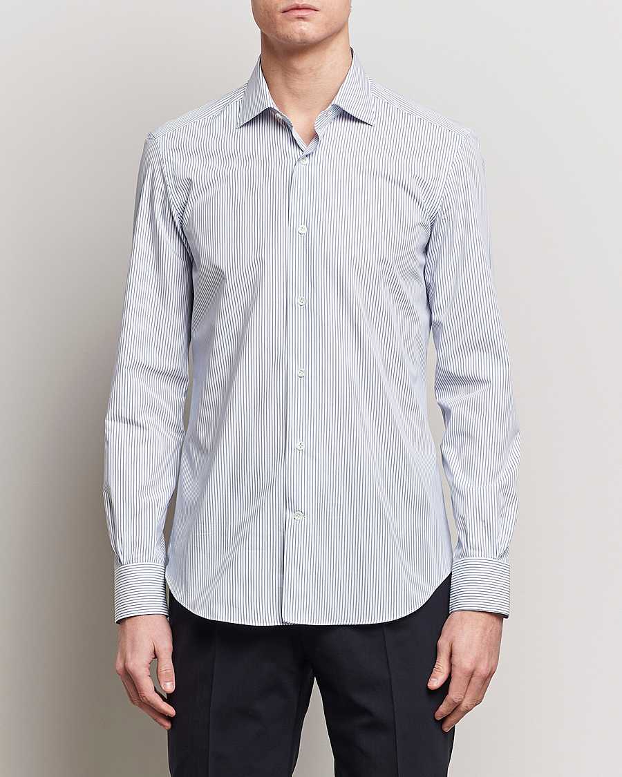 Heren | Afdelingen | Mazzarelli | Soft Cotton Cut Away Shirt Blue Pinstripe