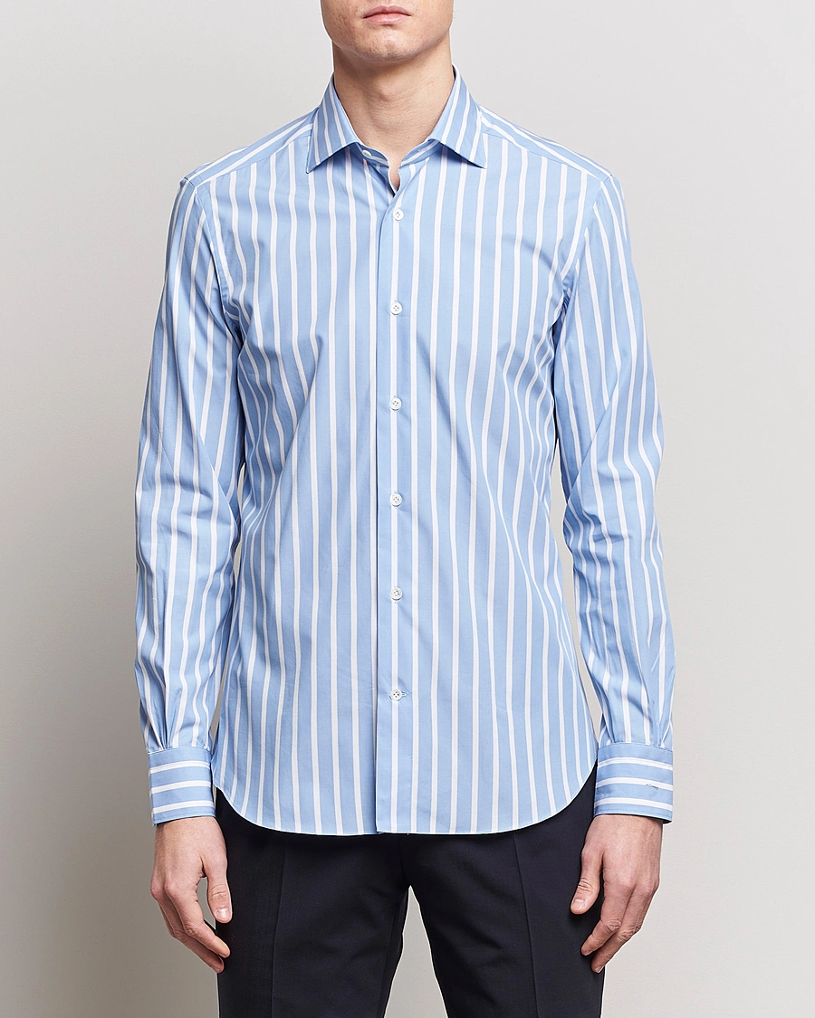 Heren | Overhemden | Mazzarelli | Soft Cotton Cut Away Shirt Blue/White Stripe
