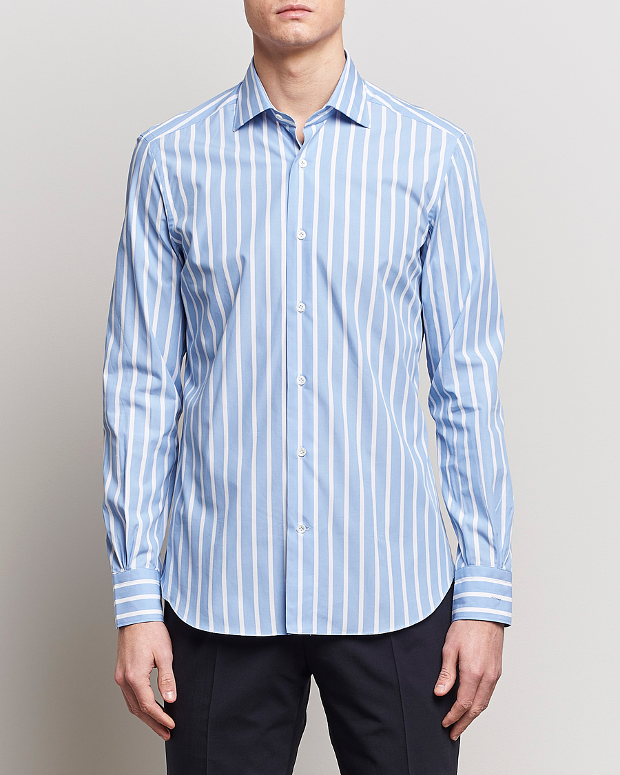 Heren | Casual | Mazzarelli | Soft Cotton Cut Away Shirt Blue/White Stripe