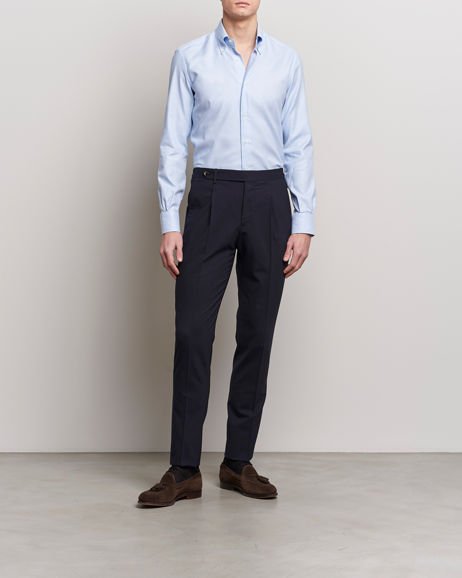 Heren | Overhemden | Mazzarelli | Soft Cotton Texture Button Down Shirt Light Blue