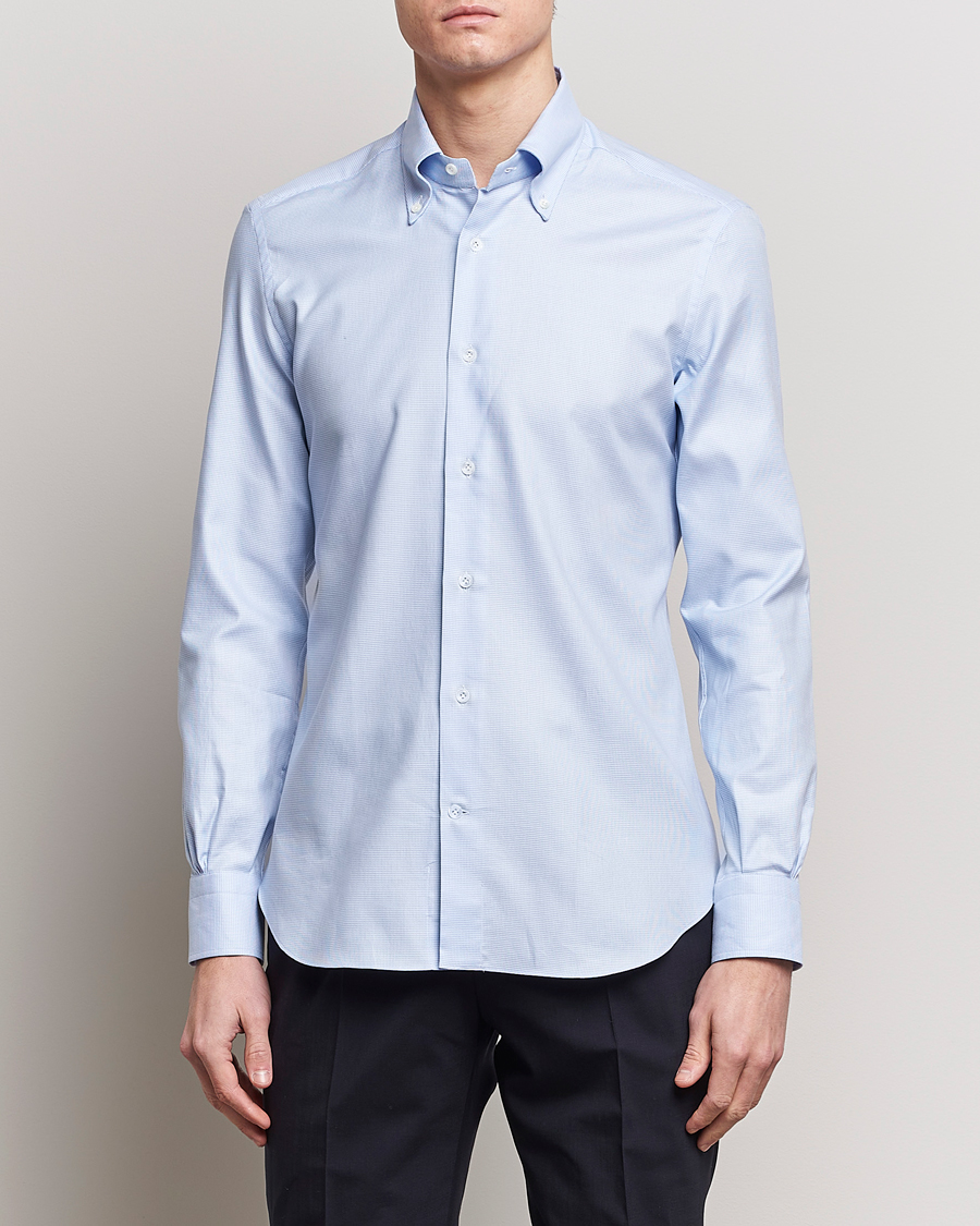Heren |  | Mazzarelli | Soft Cotton Texture Button Down Shirt Light Blue