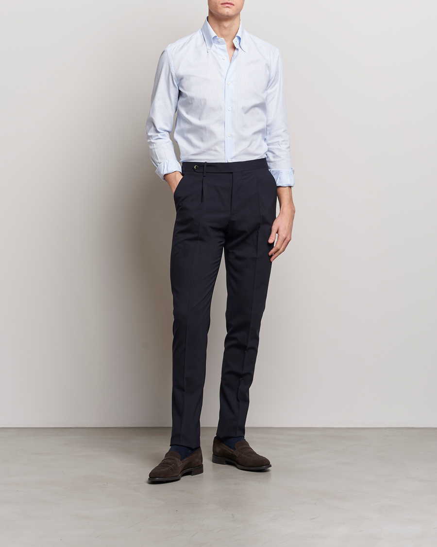 Heren | Overhemden | Mazzarelli | Soft Oxford Button Down Shirt Light Blue Stripe