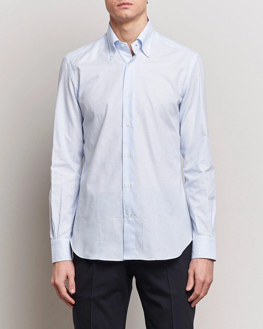 Heren | Afdelingen | Mazzarelli | Soft Oxford Button Down Shirt Light Blue Stripe