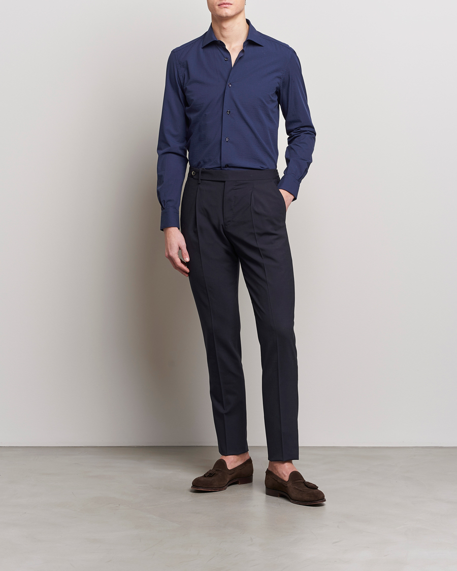 Heren | Overhemden | Mazzarelli | Soft Tonal Seersucker Shirt Navy