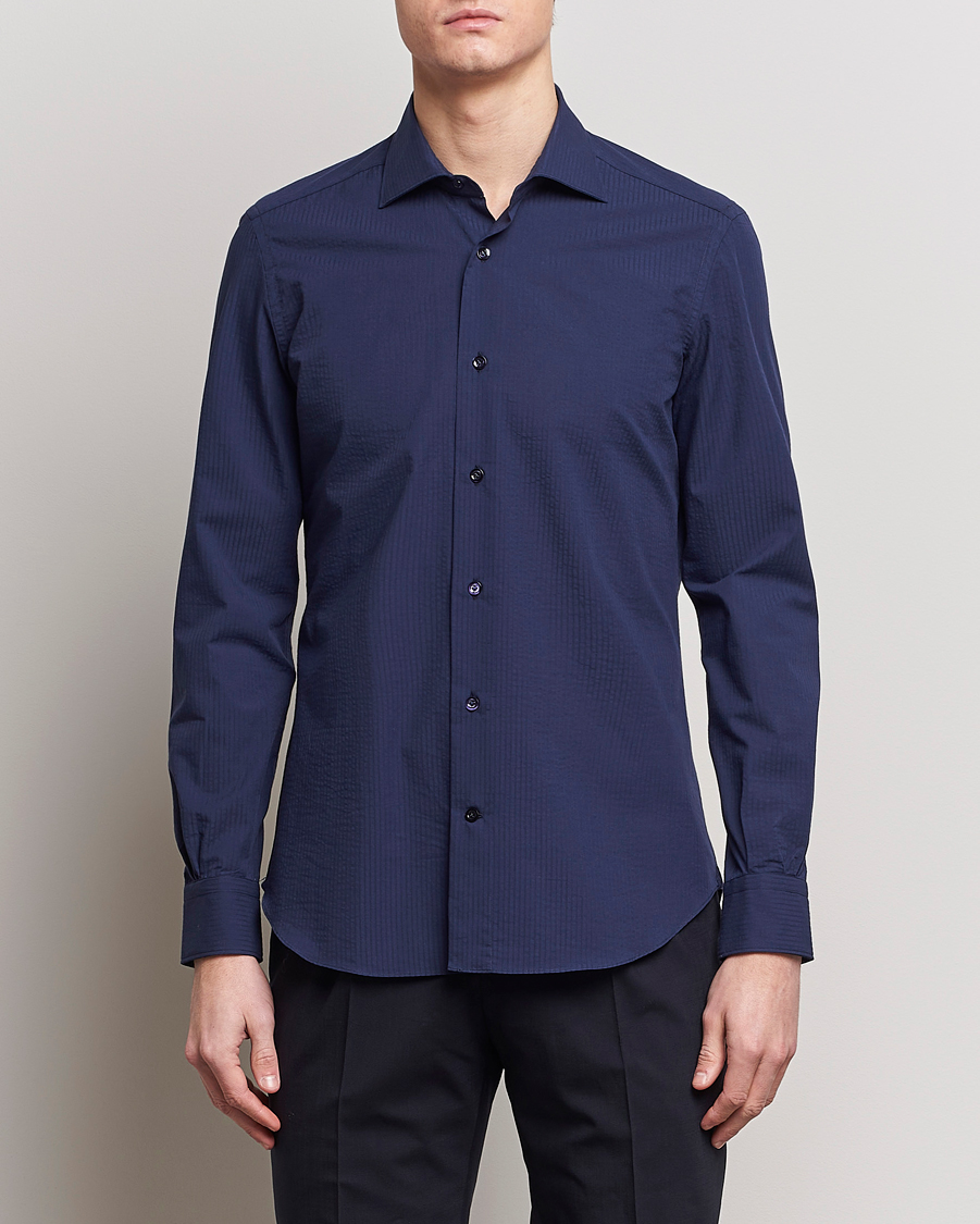 Heren | Italian Department | Mazzarelli | Soft Tonal Seersucker Shirt Navy