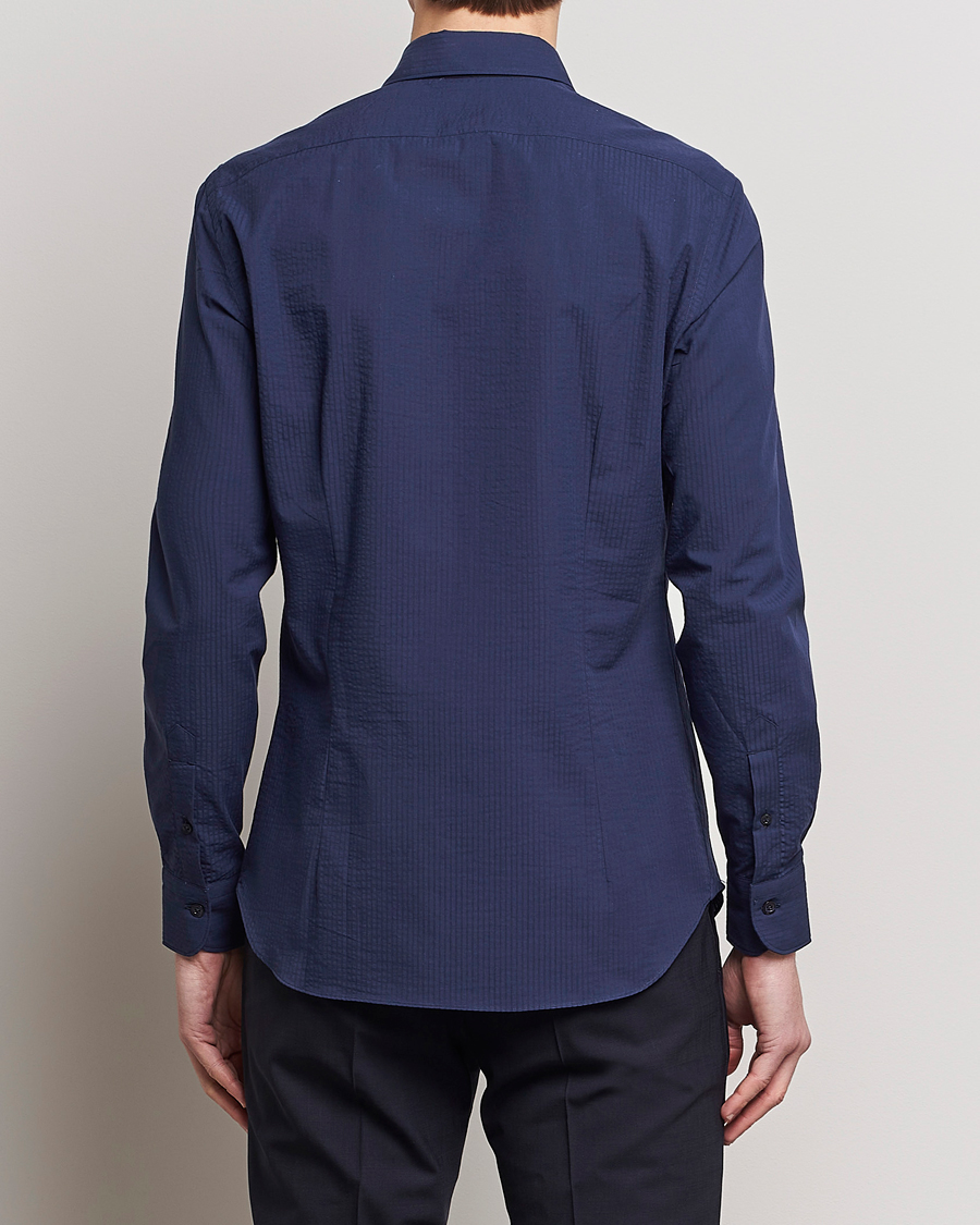 Heren | Overhemden | Mazzarelli | Soft Tonal Seersucker Shirt Navy
