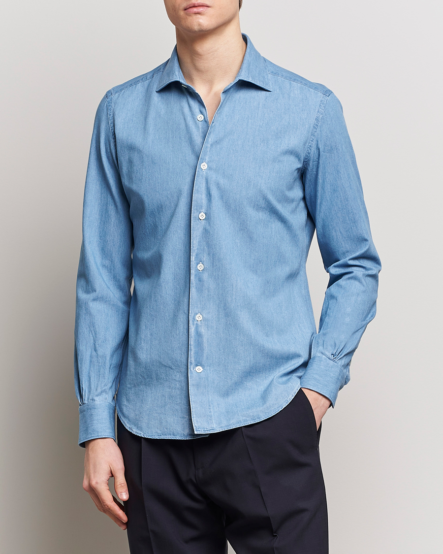 Heren | Italian Department | Mazzarelli | Soft Cotton Denim Shirt Blue Wash