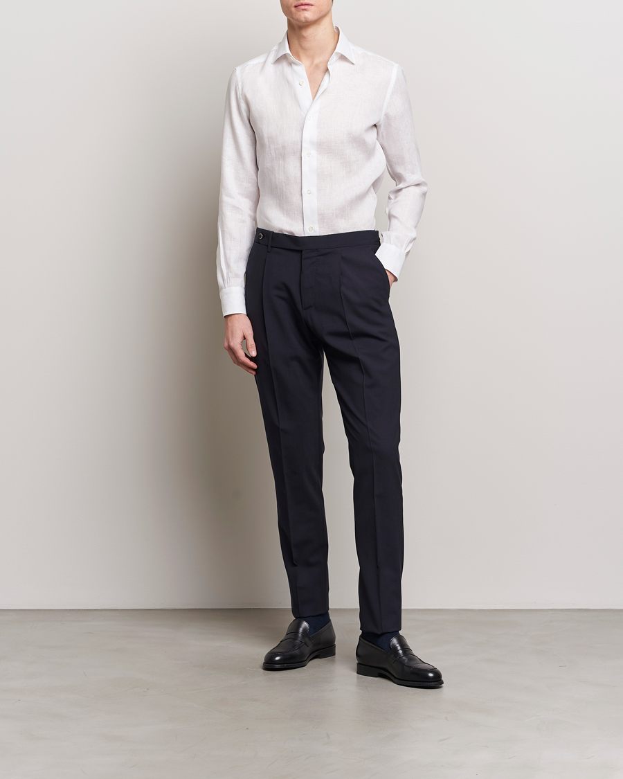 Heren | Overhemden | Mazzarelli | Soft Linen Cut Away Shirt White