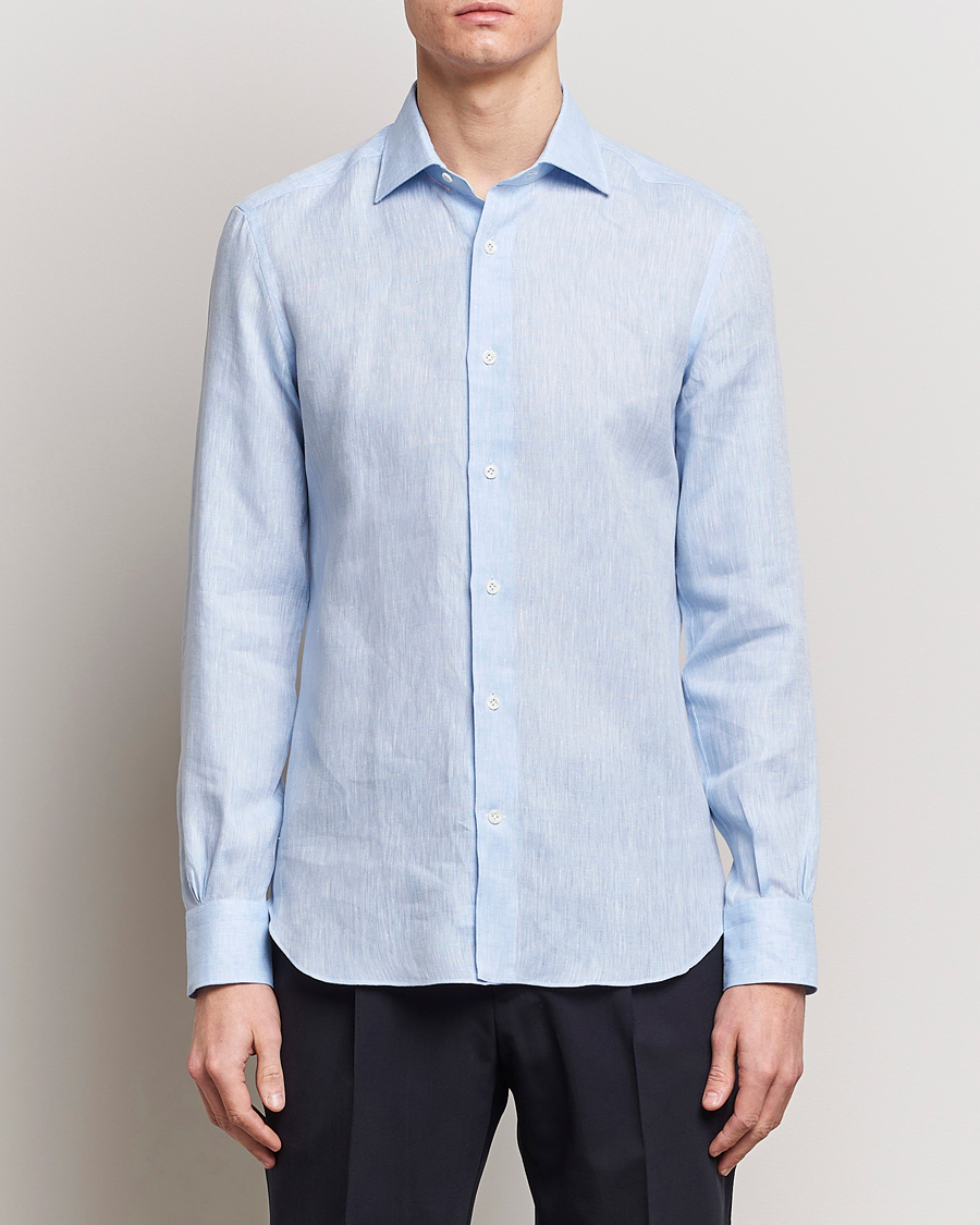 Heren | Mazzarelli | Mazzarelli | Soft Linen Cut Away Shirt Light Blue